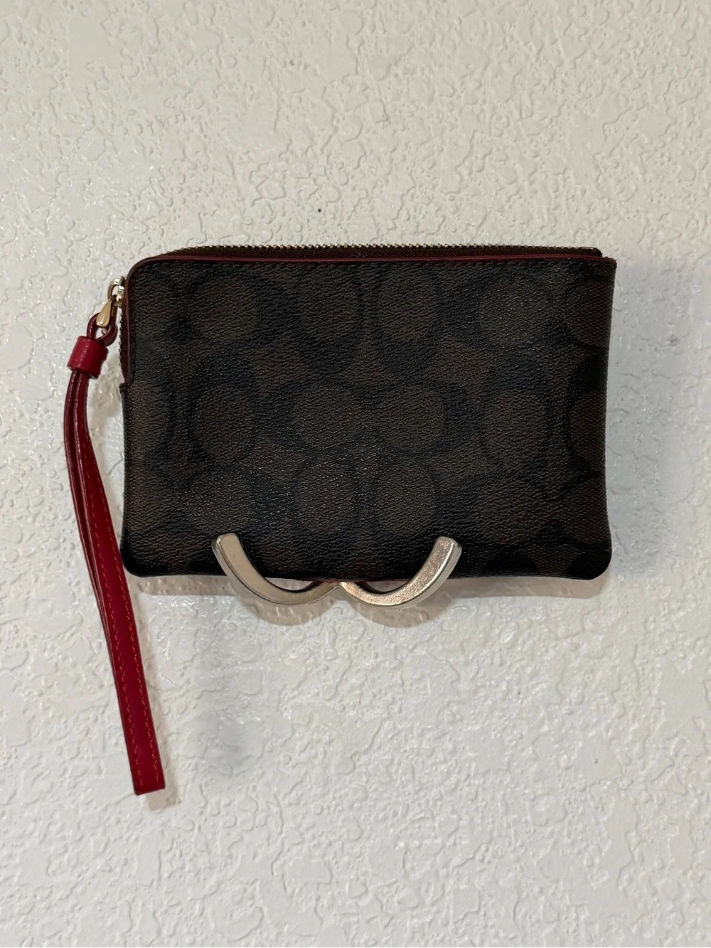 Coach Black Signature Wristlet with Red Center Stripe